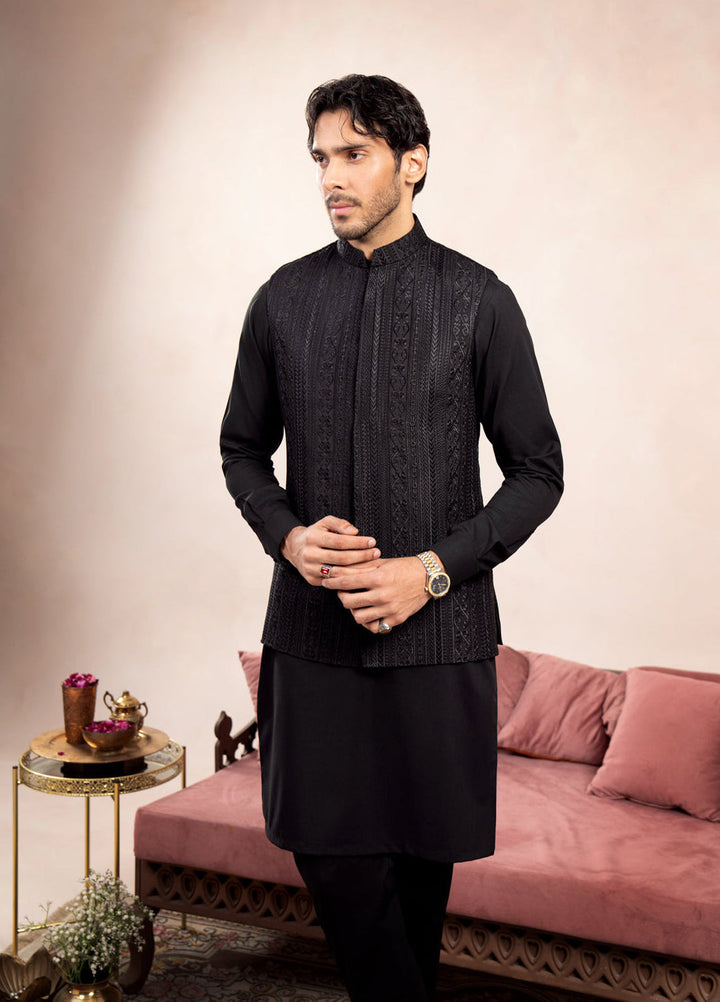 Muraqsh Ready To Wear Embroidered Cotton Men Black Cross Stitched Waistcoat MUR-BCSEW - Summer Collection