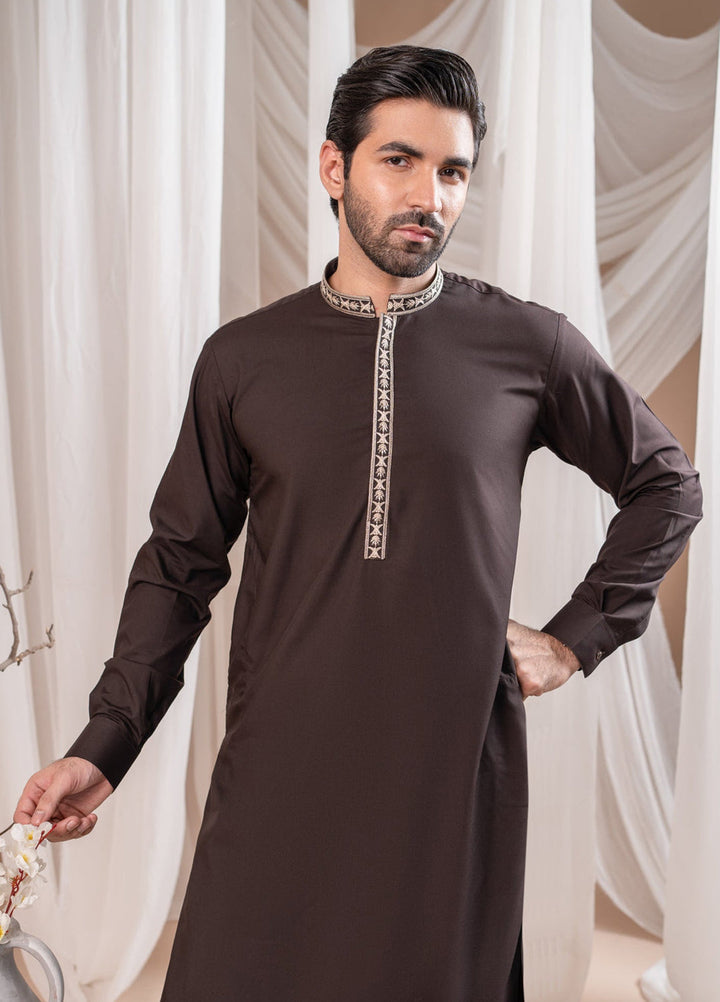 Muraqsh Ready To Wear Embroidered Cotton Men Formal Dark Brown Kurta Shalwar Collar Neck MUR-FDBKS - Summer Collection