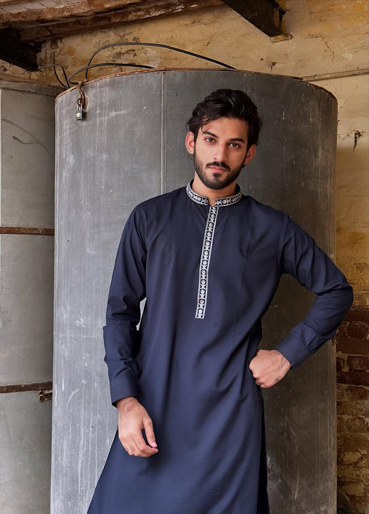 Muraqsh Ready To Wear Embroidered Cotton Men Formal Navy Blue Kurta Shalwar Collar Neck MUR-FNBKS - Summer Collection