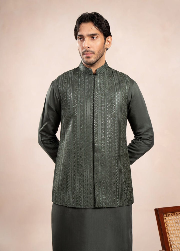 Muraqsh Ready To Wear Embroidered Cotton Men Olive Green Falling Waistcoat MUR-OGFEW - Summer Collection