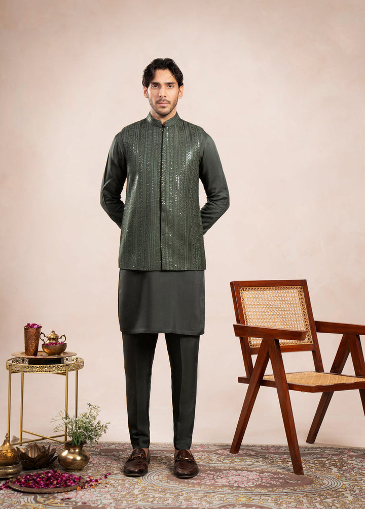 Muraqsh Ready To Wear Embroidered Cotton Men Olive Green Kurta Trouser with Falling Waistcoat MUR-OGKTW - Summer Collection