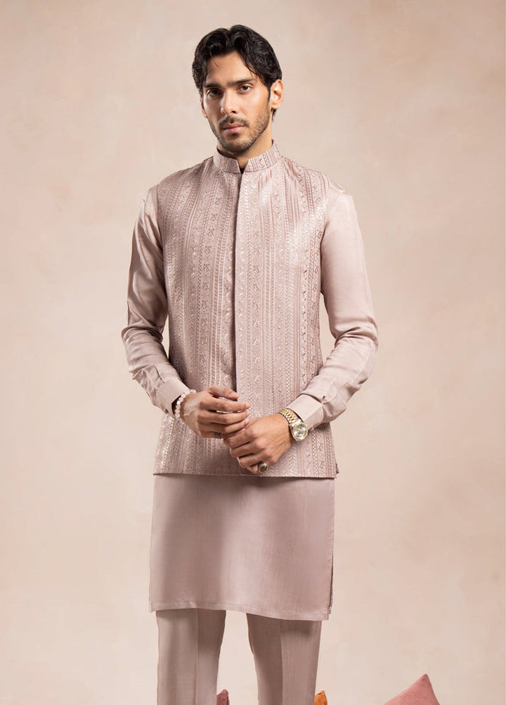Muraqsh Ready To Wear Embroidered Cotton Men Pink Falling Embroidered Waistcoat MUR-PFEW - Summer Collection