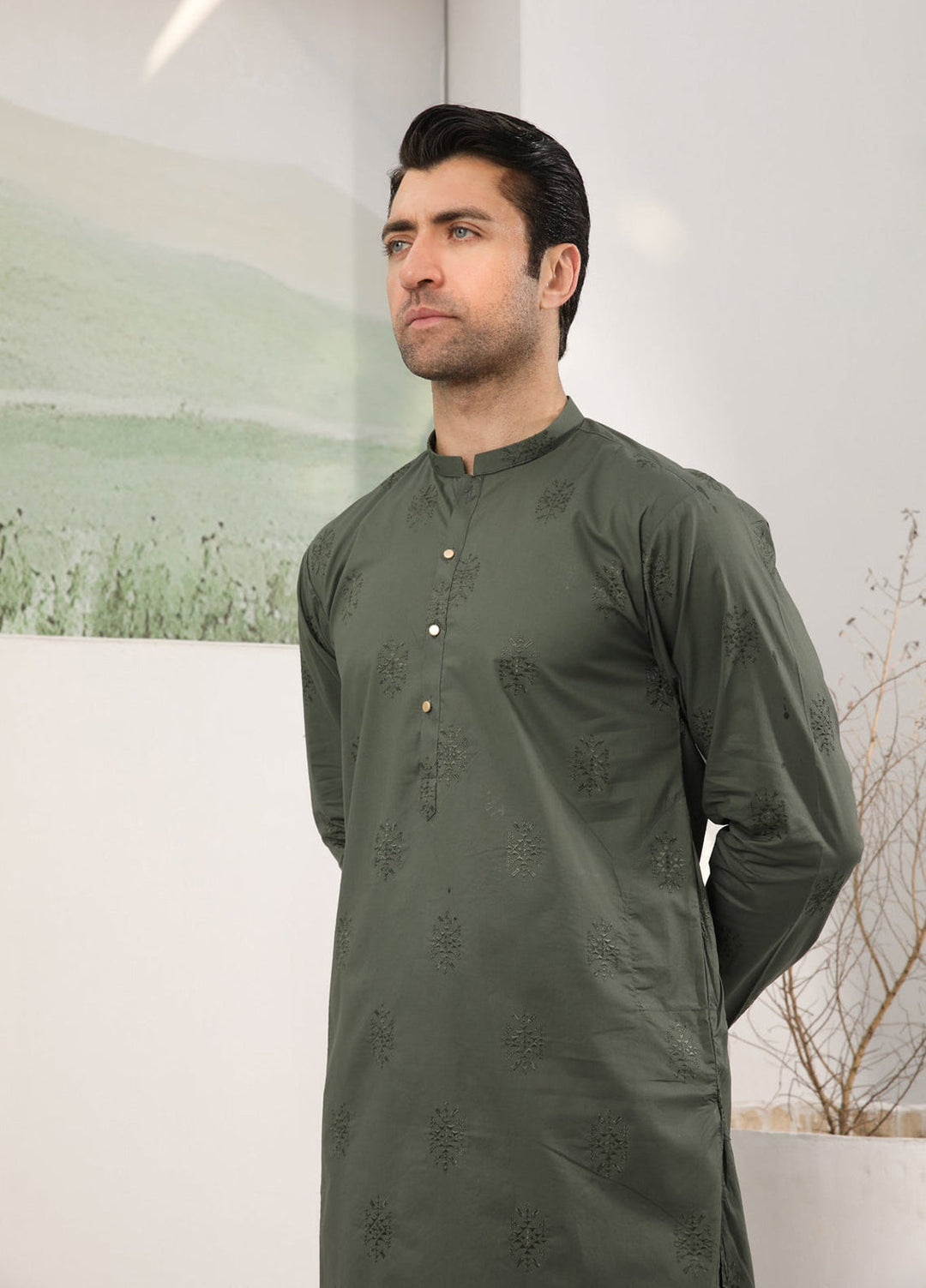 Muraqsh Ready To Wear Embroidered  Men Army Green Cotton Embroidered Kurta Trouser MUR-AGECK - Summer Collection