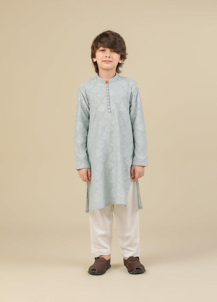Muraqsh Ready To Wear Embroidered Silk Boys Abroo Ice Blue Kurta Trouser MUR-A-IBR - Winter Collection