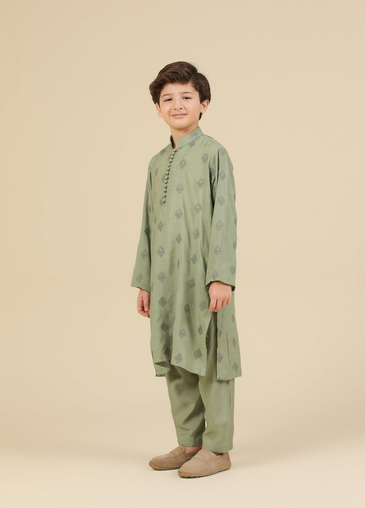 Muraqsh Ready To Wear Embroidered Silk Boys Bahaar Mint Kurta Trouser MUR-B-GRS - Summer Collection