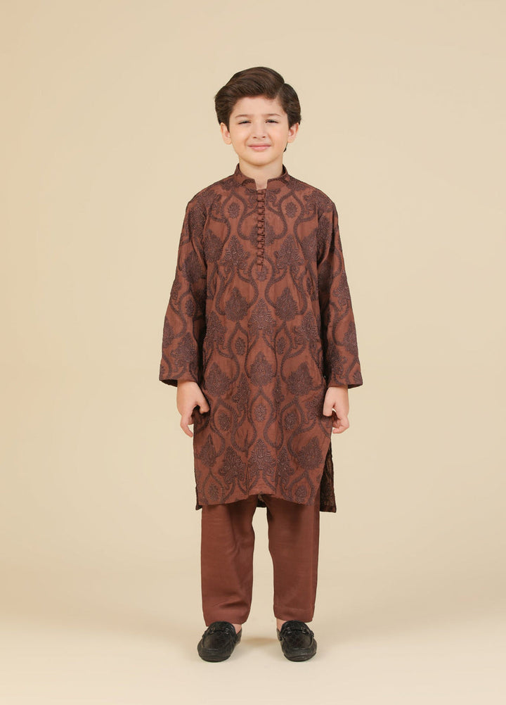 Muraqsh Ready To Wear Embroidered Silk Boys Faris Cocoa Brown Kurta Trouser MUR-F-CBR - Winter Collection