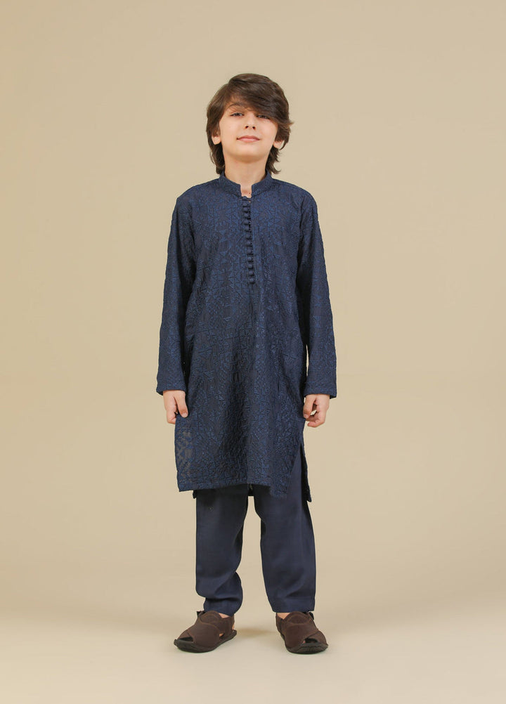 Muraqsh Ready To Wear Embroidered Silk Boys Feroz Dark Blue Kurta Trouser MUR-F-DBR - Winter Collection