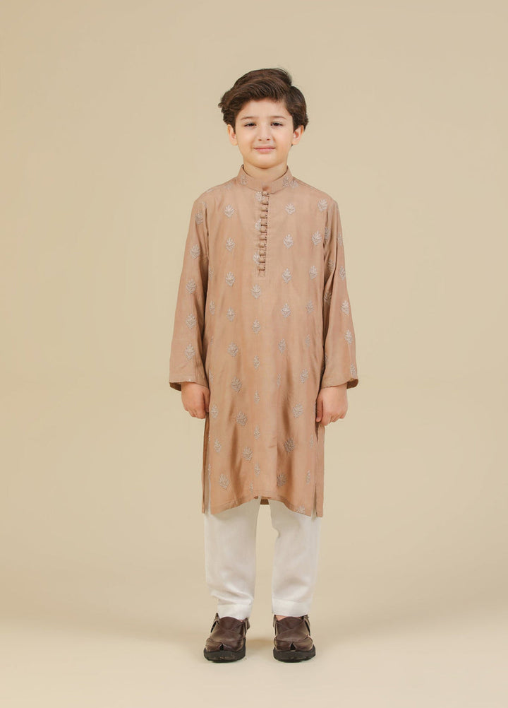 Muraqsh Ready To Wear Embroidered Silk Boys Mehrab Sandstone Kurta Trouser MURRS - Winter Collection