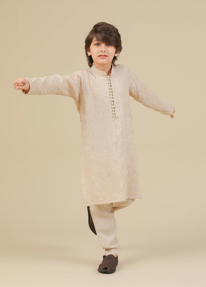 Muraqsh Ready To Wear Embroidered Silk Boys Tabir Beige Kurta Trouser MUR-T-BRS - Summer Collection
