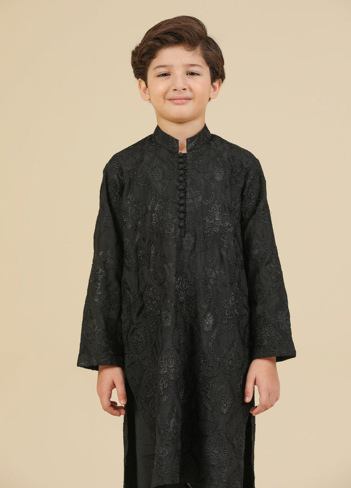 Muraqsh Ready To Wear Embroidered Silk Boys Zauq Black Kurta Trouser MUR-Z-BRS - Winter Collection