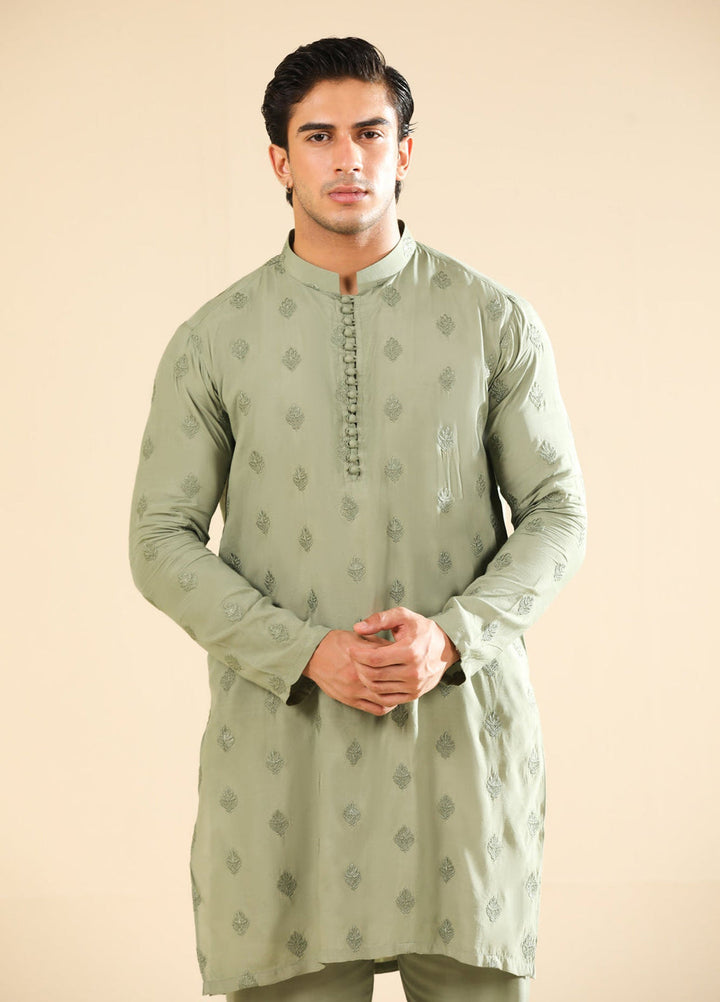 Muraqsh Ready To Wear Embroidered Silk Men Bahaar Mint Kurta Trouser MUR-B-GRS - Winter Collection