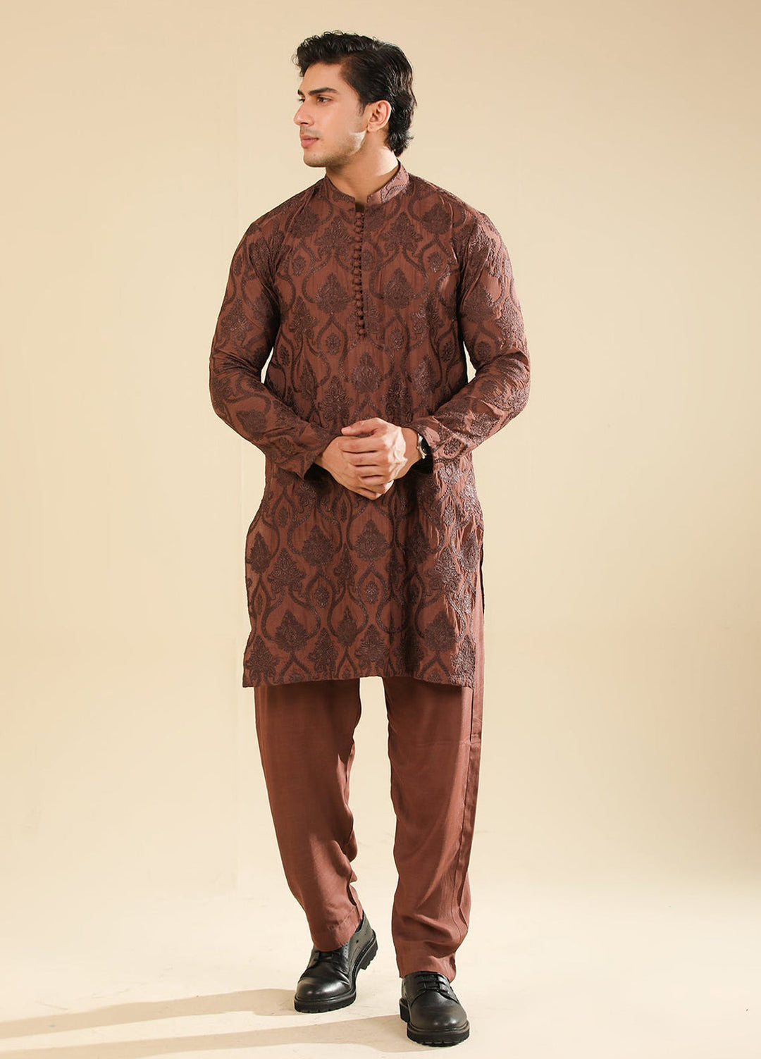 Muraqsh Ready To Wear Embroidered Silk Men Faris Cocoa Brown Kurta Trouser MUR-F-CBR - Winter Collection