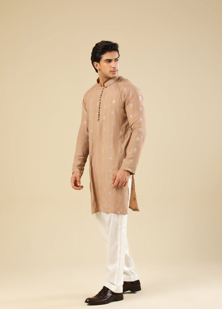 Muraqsh Ready To Wear Embroidered Silk Men Mehrab Sandstone Kurta Trouser MURRS - Winter Collection