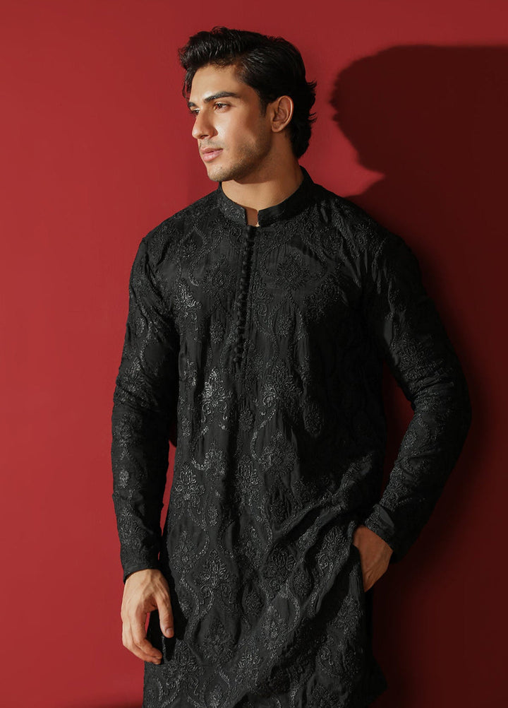 Muraqsh Ready To Wear Embroidered Silk Men Zauq Black Kurta Trouser MUR-Z-BRS - Winter Collection