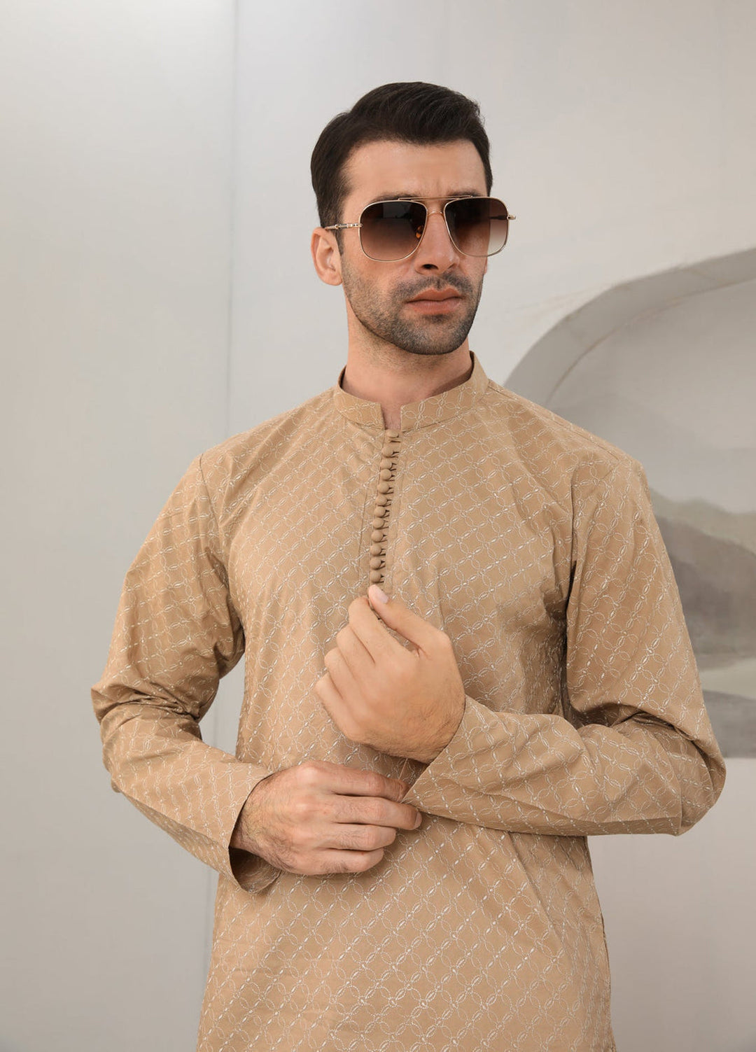 Muraqsh Ready To Wear   Men Camel Cotton Embroidered Kurta Trouser MUR-CECKT - Summer Collection