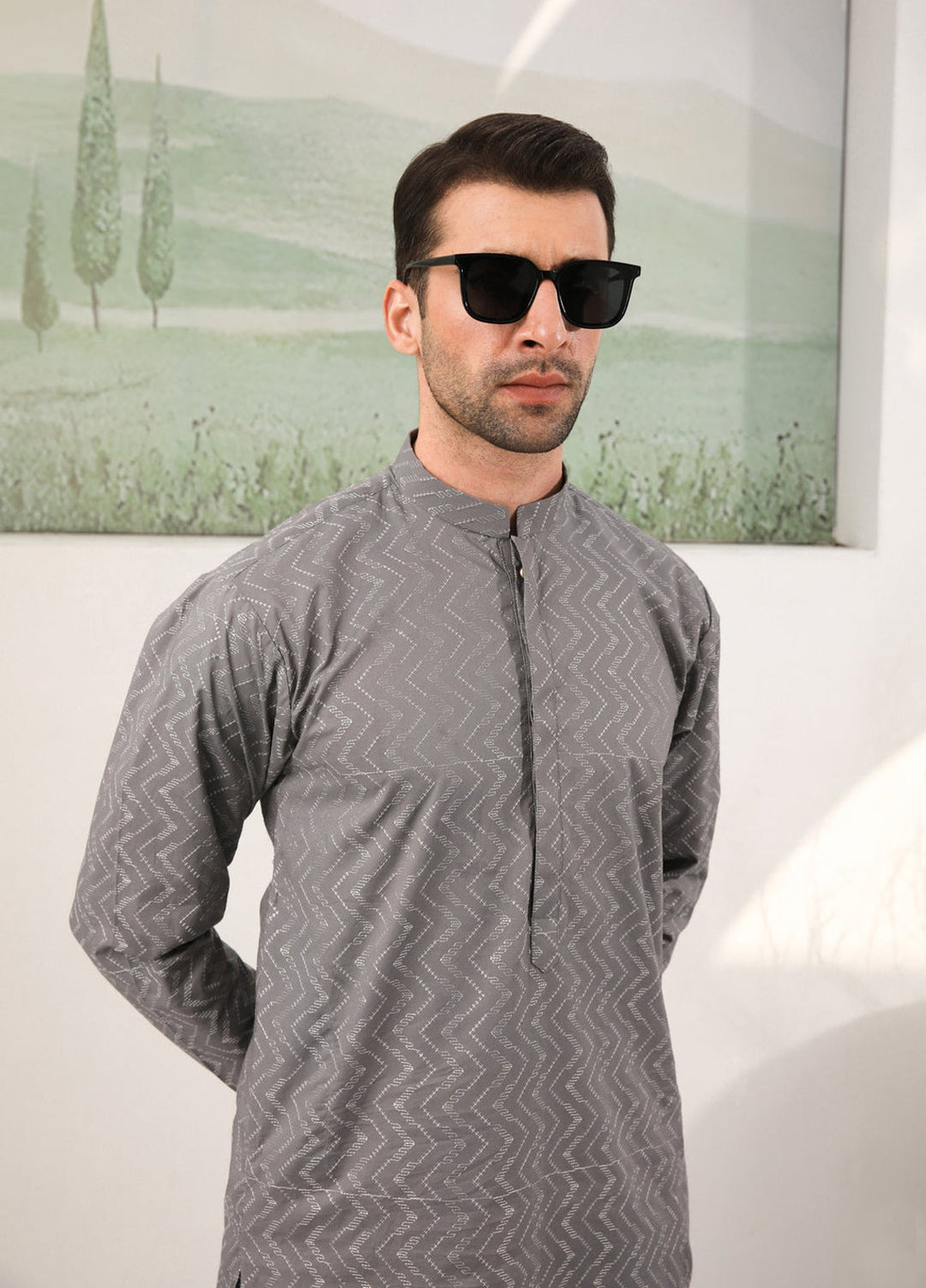 Muraqsh Ready To Wear   Men Light Grey Cotton Embroidered Kurta Trouser MURGECK - Summer Collection