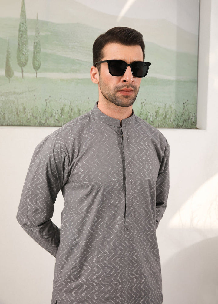 Muraqsh Ready To Wear   Men Light Grey Cotton Embroidered Kurta Trouser MURGECK - Summer Collection