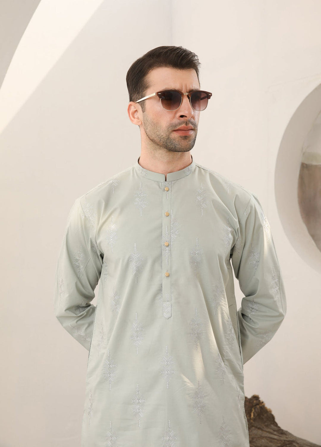 Muraqsh Ready To Wear   Men Light Mint Cotton Embroidered Kurta Trouser MURMECK - Summer Collection