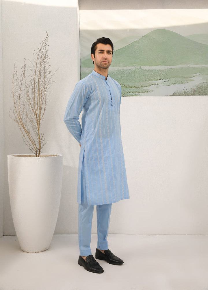 Muraqsh Ready To Wear   Men Sky Blue Cotton Embroidered Kurta Trouser MURBECK - Summer Collection