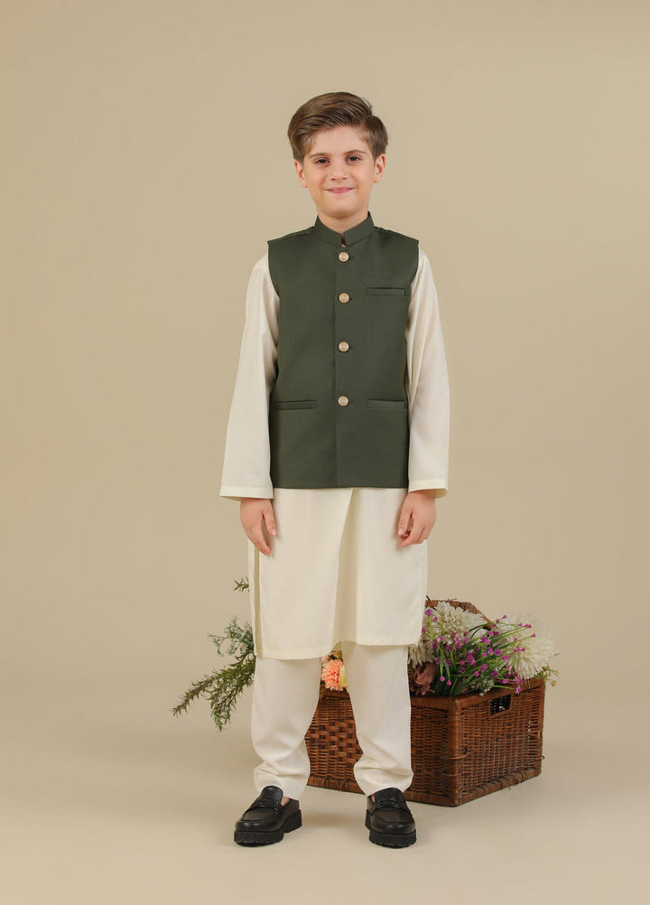 Muraqsh Ready To Wear Solids Bosky Boys Bosky White Kurta Trouser with Army Green Suiting Waistcoat Straight Cut MUR-CWKTW - Summer Collection
