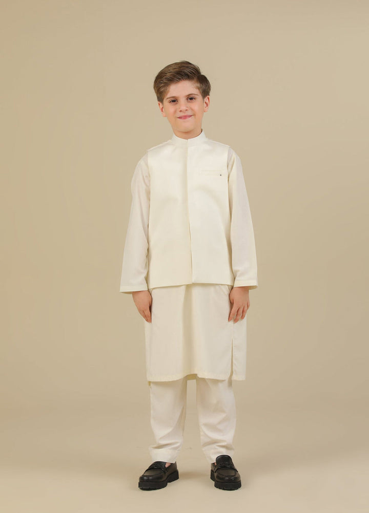 Muraqsh Ready To Wear Solids Bosky Boys Bosky White Kurta Trouser with Blended Waistcoat MUR-CWKTW - Summer Collection