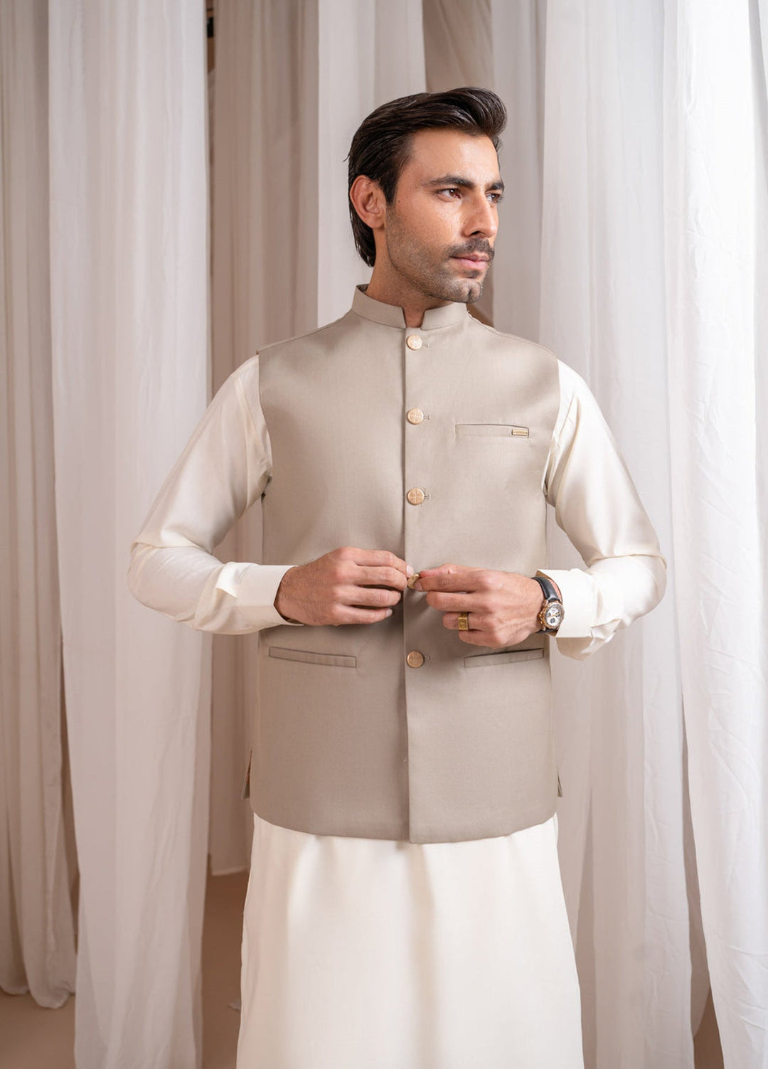Muraqsh Ready To Wear Solids Bosky Men Bosky White Kurta Shalwar with Beige Suiting Waistcoat Straight Cut MUR-BWKSW-KT - Summer Collection