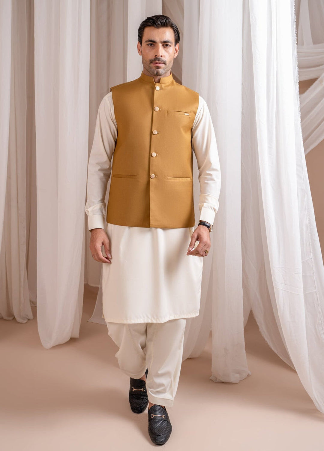 Muraqsh Ready To Wear Solids Bosky Men Bosky White Kurta Shalwar with Camel Suiting Waistcoat Straight Cut MUR-BWKSW-KT - Summer Collection