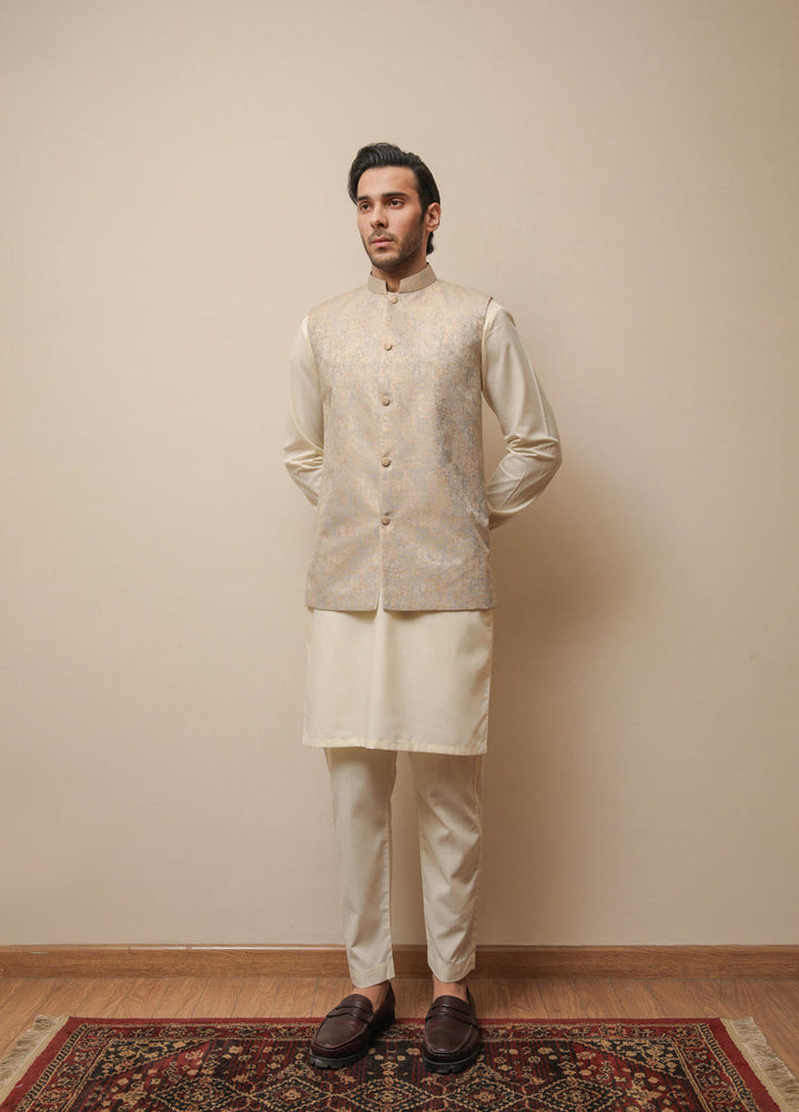 Muraqsh Ready To Wear Solids Bosky Men Bosky White Kurta Trouser with Blue Gold Jamawar Waistcoat MUR-BWKTW - Summer Collection