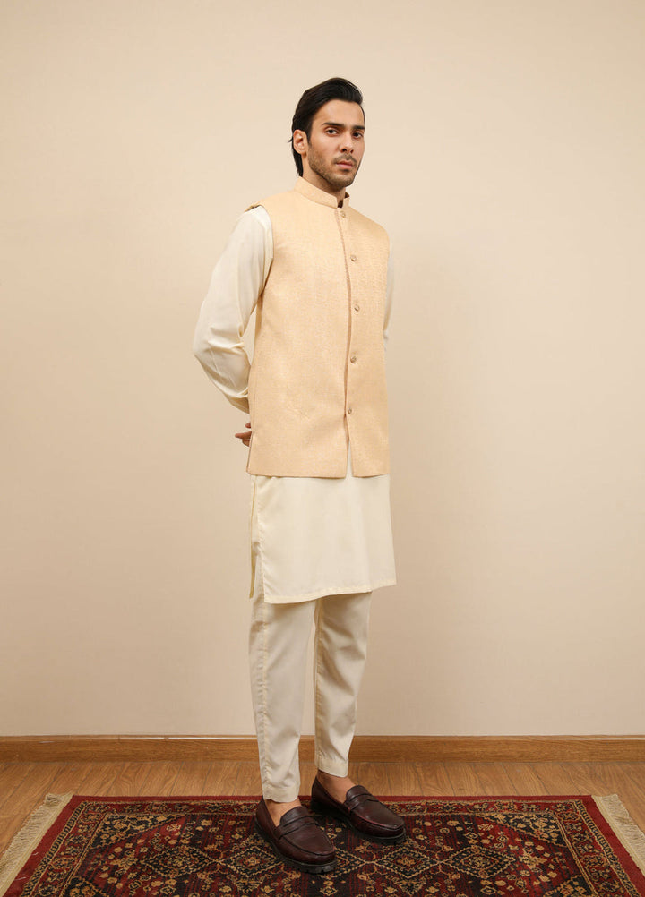 Muraqsh Ready To Wear Solids Bosky Men Bosky White Kurta Trouser with Ivory Jamawar Waistcoat MUR-BWKTW - Summer Collection