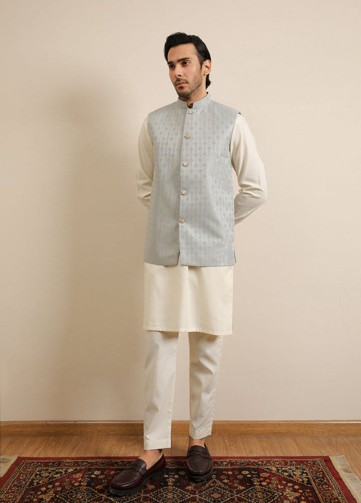Muraqsh Ready To Wear Solids Bosky Men Bosky White Kurta Trouser with Sky Blue Jamawar Waistcoat MUR-BWKTW - Summer Collection