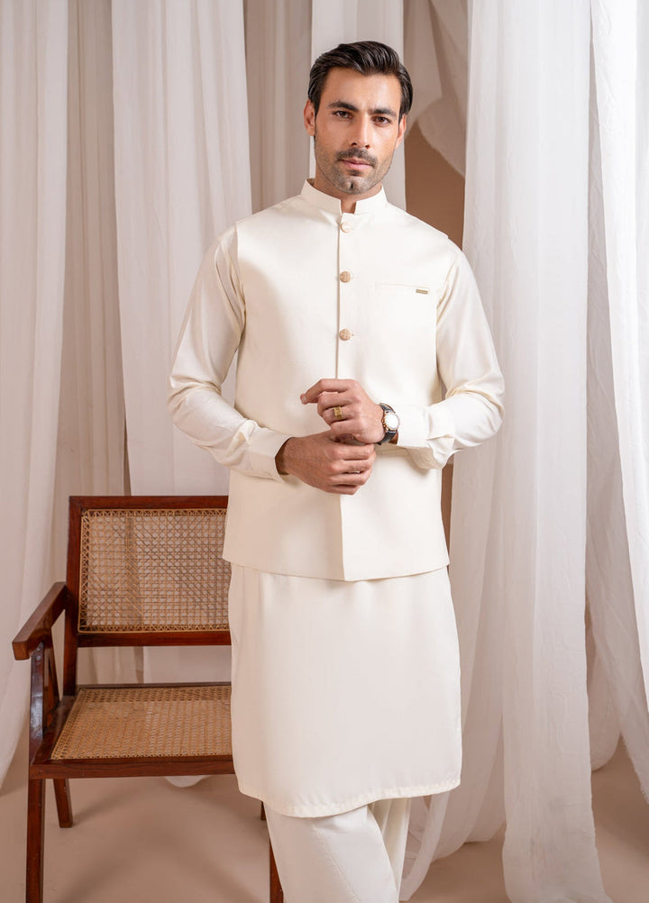 Muraqsh Ready To Wear Solids Bosky Men Bosky White Luxury Formal Kameez Shalwar with Blended Waistcoat Straight Cut Buttoned MUR-BWFKS - Summer Collection