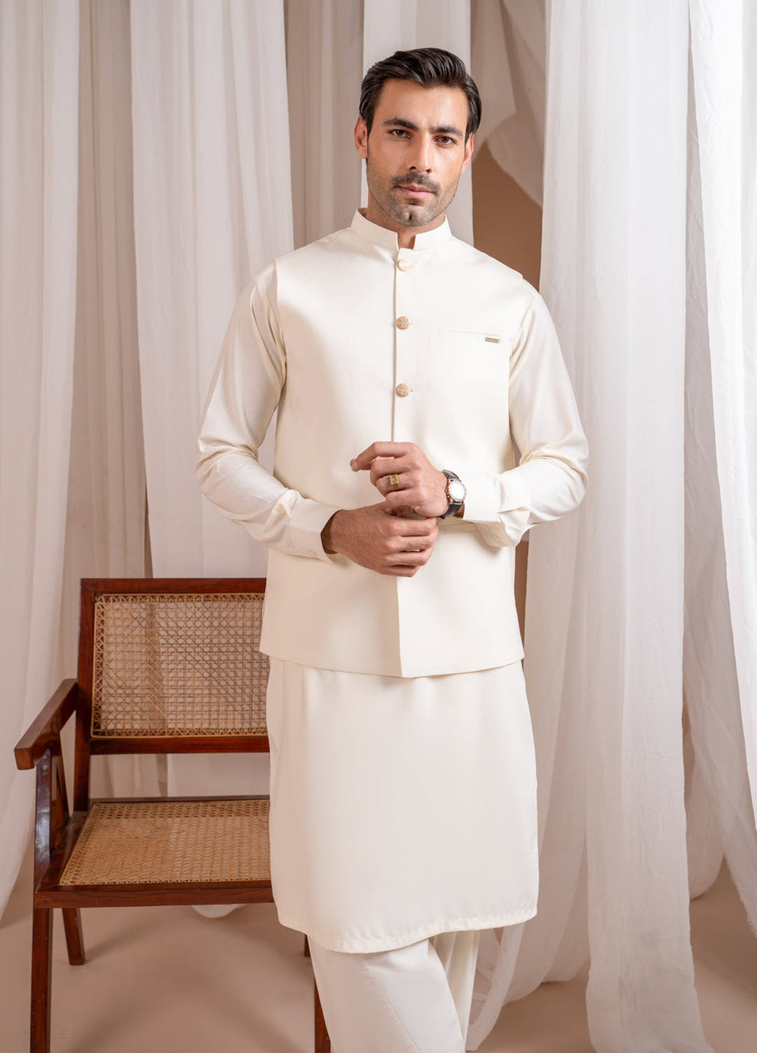 Muraqsh Ready To Wear Solids Bosky Men Bosky White Luxury Formal Kameez Shalwar with Blended Waistcoat Straight Cut Buttoned MUR-BWFKS - Summer Collection