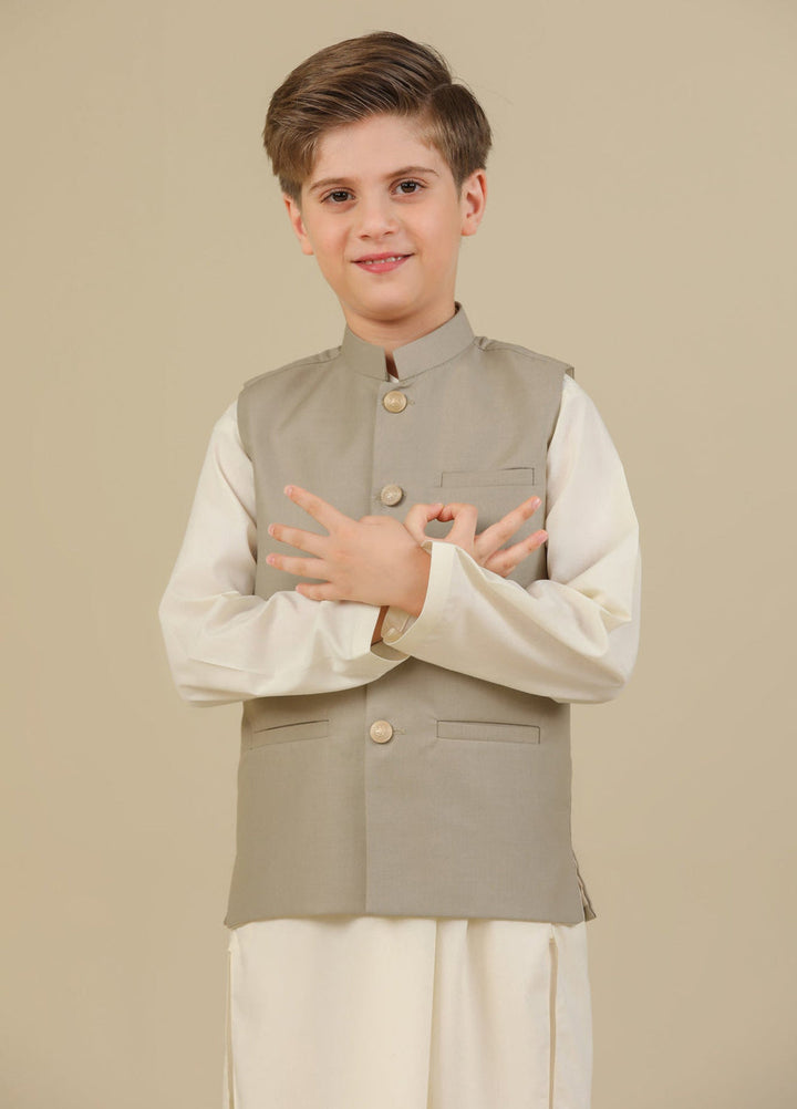 Muraqsh Ready To Wear Solids Cotton Boys Beige Suiting Waistcoat Straight Cut Buttoned MUR-BSW - Summer Collection