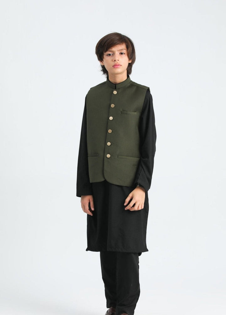Muraqsh Ready To Wear Solids Cotton Boys Black Kurta Trouser with Army Green Suiting Waistcoat MUR-3P - Summer Collection