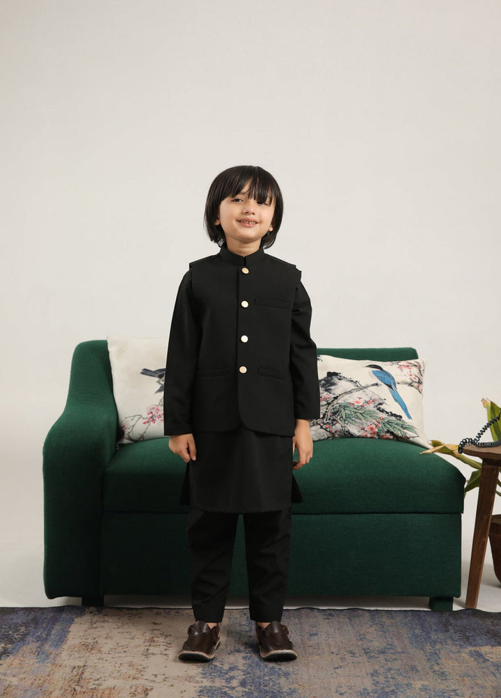 Muraqsh Ready To Wear Solids Cotton Boys Black Kurta Trouser with Blended Waistcoat Round Cut Buttoned MUR-BKTWB - Summer Collection
