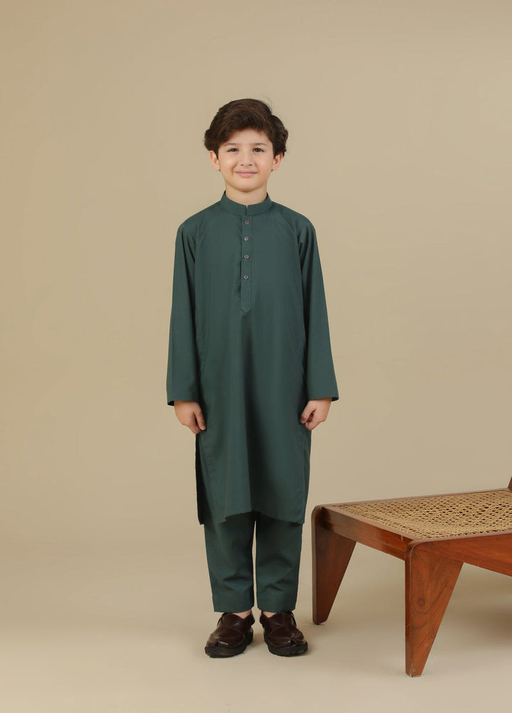 Muraqsh Ready To Wear Solids Cotton Boys Bottle Green Blended Kurta Trouser MUR-BGBKT - Summer Collection