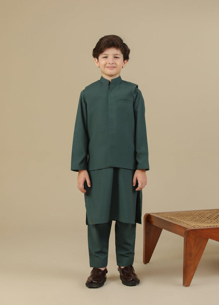 Muraqsh Ready To Wear Solids Cotton Boys Bottle Green Kurta Trouser with Blended Waistcoat MUR-BGKTW - Summer Collection