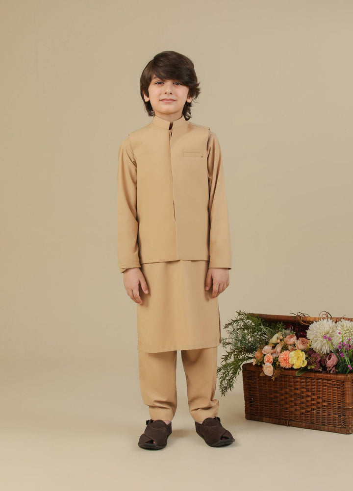 Muraqsh Ready To Wear Solids Cotton Boys Camel Kurta Trouser with Blended Waistcoat MUR-CKTWB - Summer Collection
