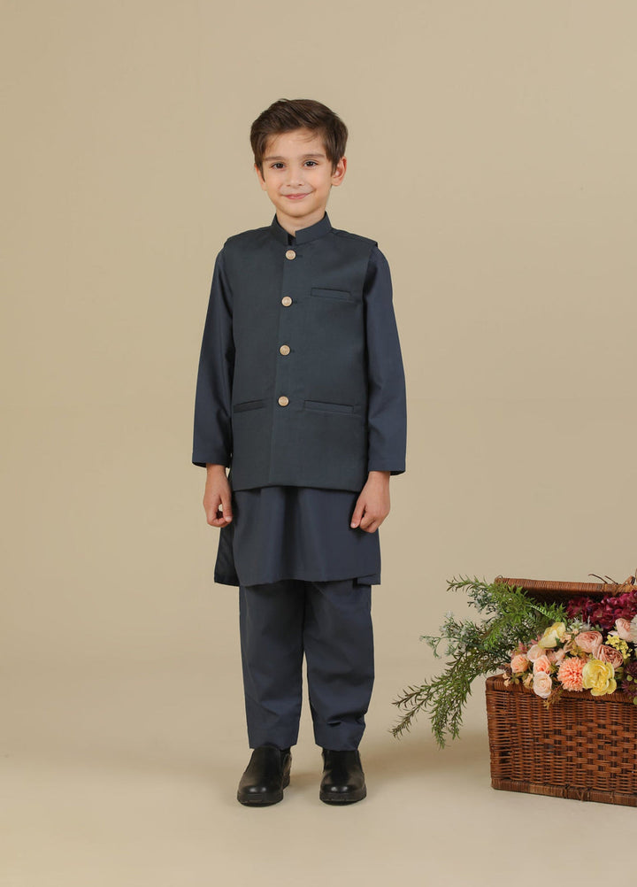 Muraqsh Ready To Wear Solids Cotton Boys Charcoal Grey Kurta Trouser with Suiting Waistcoat Straight Cut MUR-CGKTW - Summer Collection