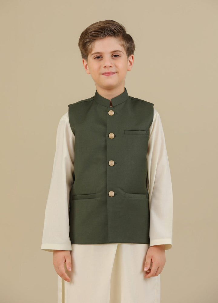 Muraqsh Ready To Wear Solids Cotton Boys Deep Olive Suiting Waistcoat Straight Cut Buttoned MUR-AGSW - Summer Collection