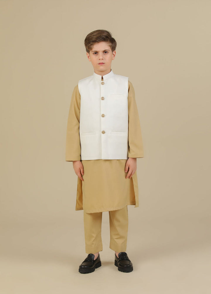 Muraqsh Ready To Wear Solids Cotton Boys Ivory Kurta Trouser with Off White Suiting Waistcoat Straight Cut MURBKTW - Summer Collection
