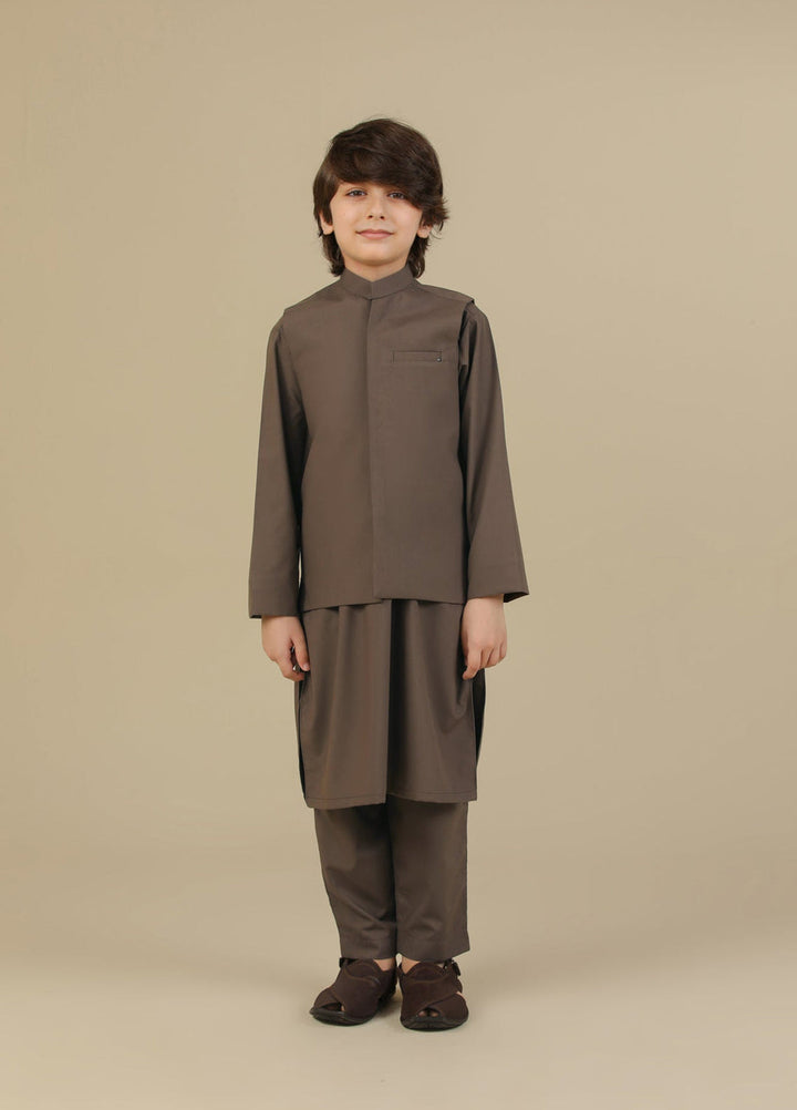 Muraqsh Ready To Wear Solids Cotton Boys Light Brown Kurta Trouser with Blended Waistcoat MURBKTW - Summer Collection