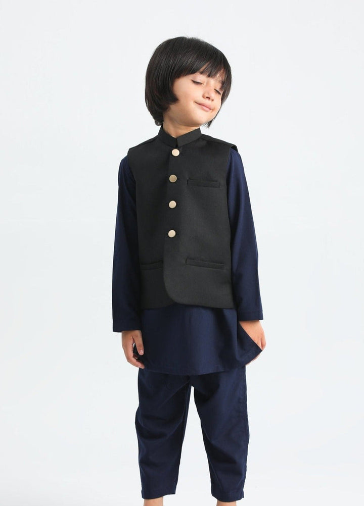 Muraqsh Ready To Wear Solids Cotton Boys Navy Blue Kurta Trouser with Black Suiting Waistcoat MUR-PBAB - Summer Collection