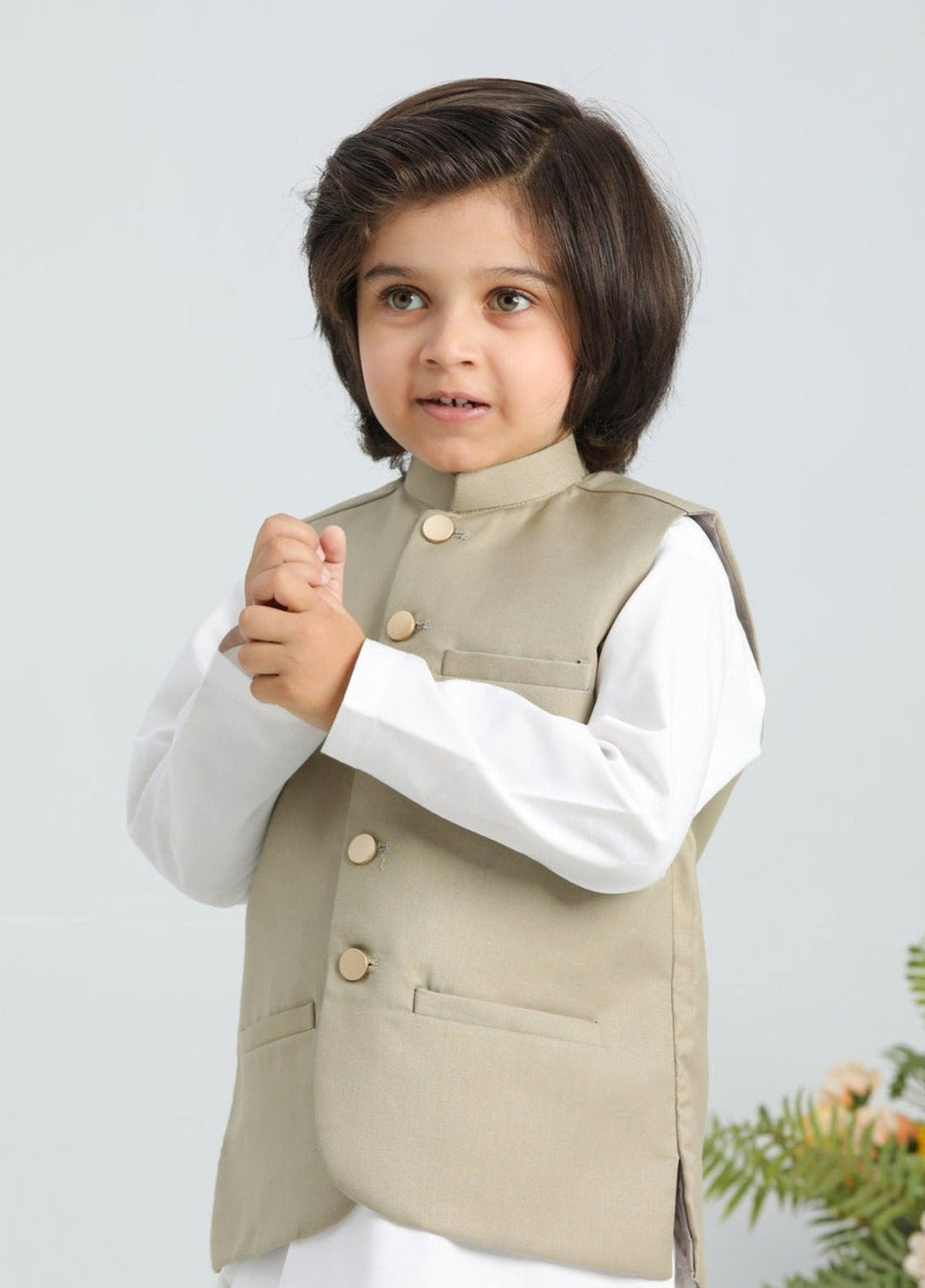 Muraqsh Ready To Wear Solids Cotton Boys Off White Kurta Trouser with Beige Suiting Waistcoat MUR-BOW - Summer Collection