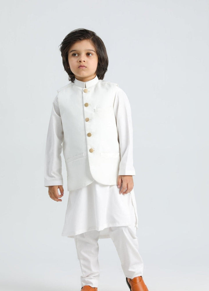 Muraqsh Ready To Wear Solids Cotton Boys Off White Kurta Trouser with Suiting Waistcoat MUR-AOW - Summer Collection