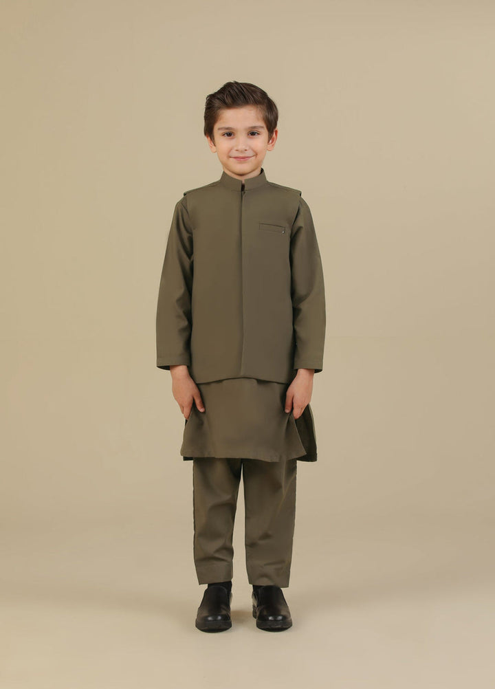Muraqsh Ready To Wear Solids Cotton Boys Olive Green Kurta Trouser with Blended Waistcoat MUR-OGKTW - Summer Collection