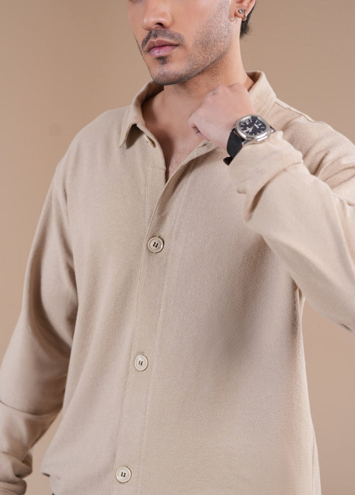 Muraqsh Ready To Wear Solids Cotton Men Beige Polo Collar Cardigan ABD-BPCC - Winter Collection