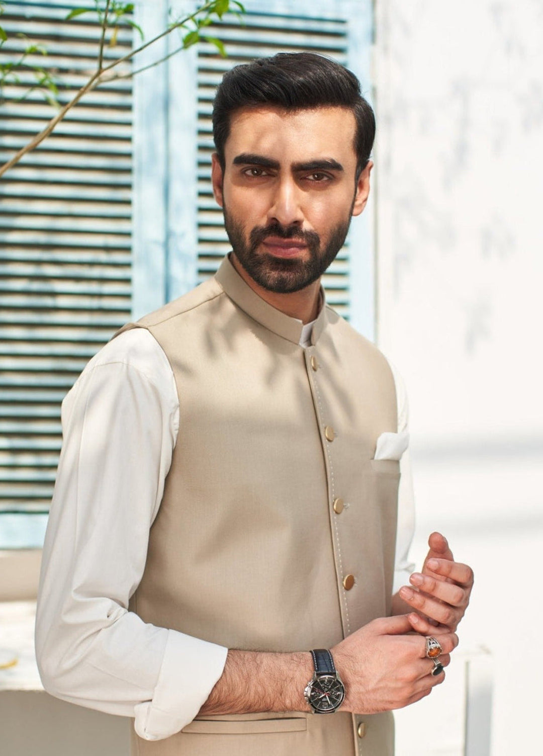 Muraqsh Ready To Wear Solids Cotton Men Beige Suiting Waistcoat Round Cut MUR-PBW - Summer Collection