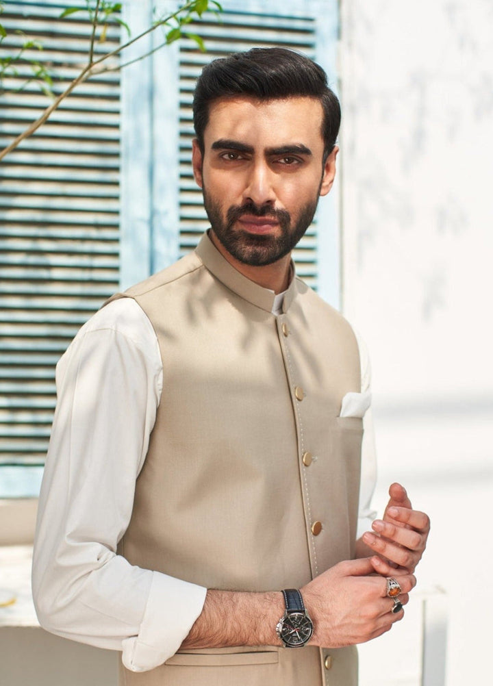 Muraqsh Ready To Wear Solids Cotton Men Beige Suiting Waistcoat Round Cut MUR-PBW - Summer Collection