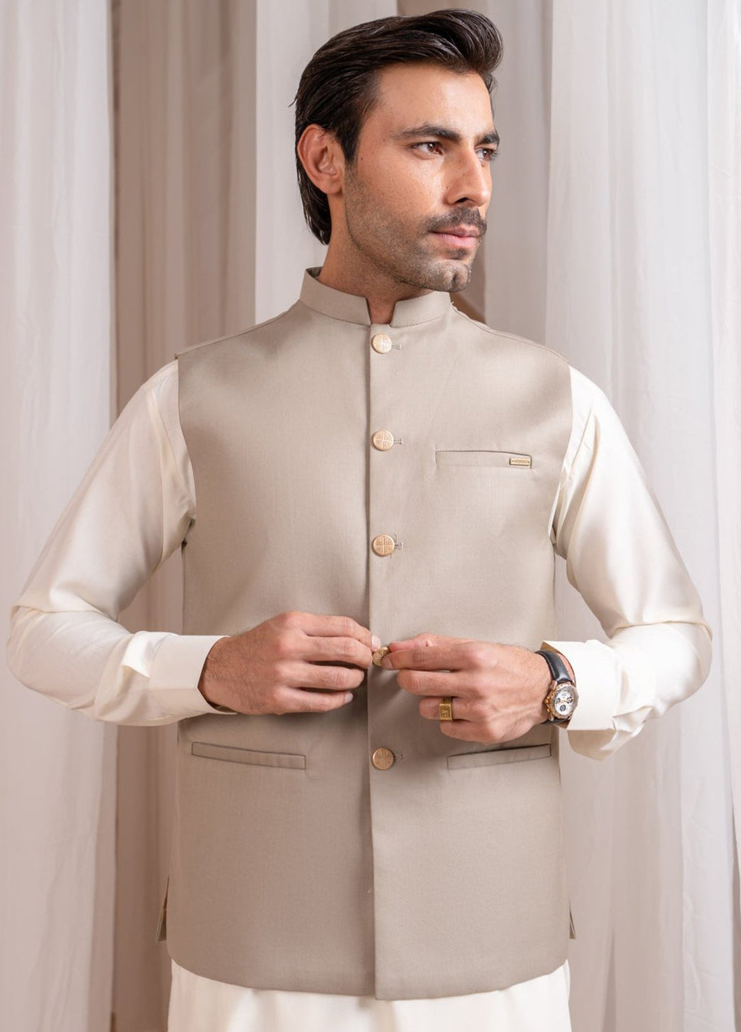 Muraqsh Ready To Wear Solids Cotton Men Beige Suiting Waistcoat Straight Cut Buttoned MUR-BSW - Summer Collection